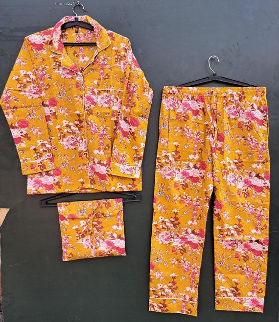 Indian Cotton Pj Sets/ Cotton Pajama Set/ Women Night Pj Set/ Floral Printed Pink Color Pajama Set/ Cotton Shirt And Pant Set, Gift For Her