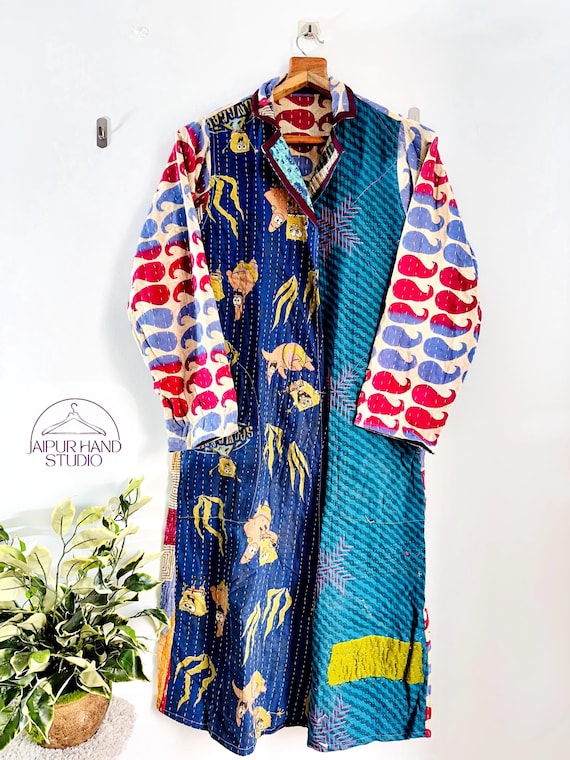 Vintage Kantha Cotton Kimono | Cotton Robe | Kimono Indian Dressing Gown | Patchwork Bath Robe | Night Wear Suit | Long Cotton Robe
