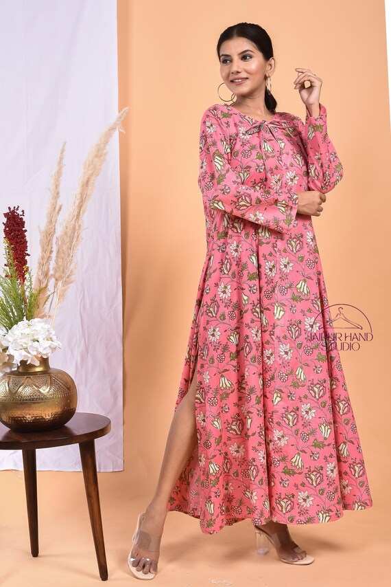 Pink color cotton long midi dress | Summer wear lightweight dress | Wedding and party wear gown | Bridesmaid dress | Gift for Christmas.