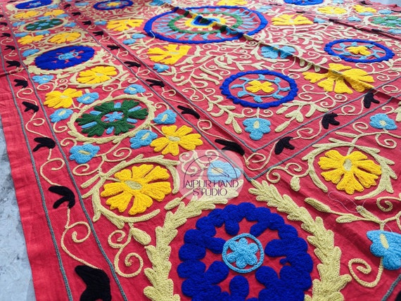 Red color suzani blanket | Suzani Hand Embroidered Wall Hanging | Cotton Embroidery Throw | Handmade Tapestry | Suzani Embroidery Bedsheets.