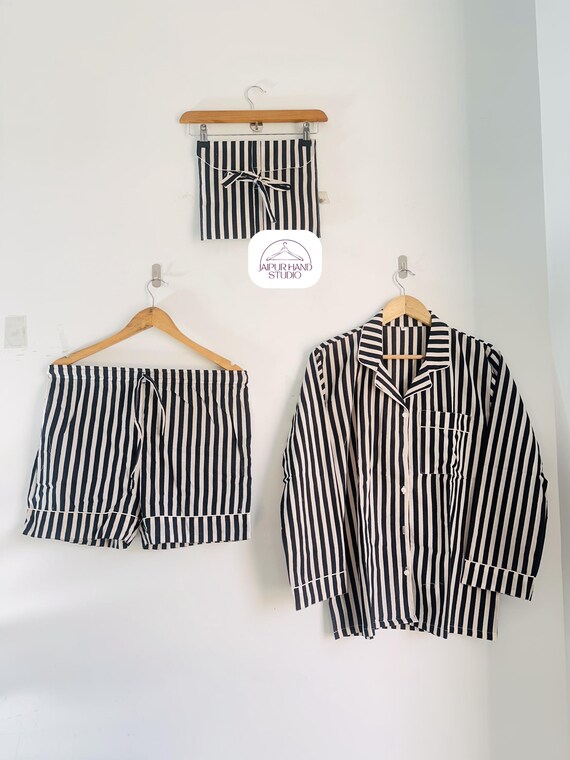 Cotton 3 pcs summer wear Pj set | Beautiful white and black striped | Women sleepwear suits | Bridesmaid pajamas | Gift for Christmas.