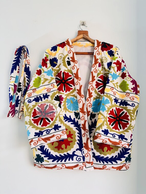 white color short kimono robe| handmade women jacket | multi color thrade jacket | (OSM) color women coat| Niddle work jacket | Gift for her