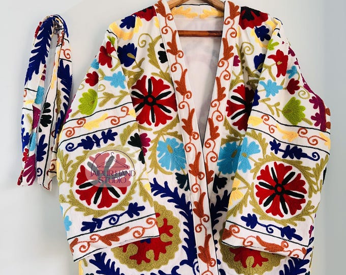 white color short kimono robe| handmade women jacket | multi color thrade jacket | (OSM) color women coat| Niddle work jacket | Gift for her