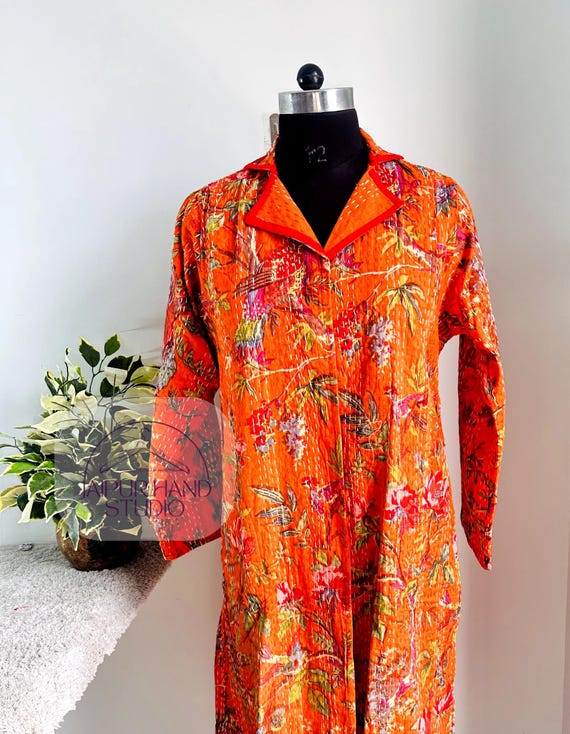 new orange color, Indian hand block print fabric, kantha kimono, vintage kantha coat, outdoor long coat, wear in all season, Gift for her
