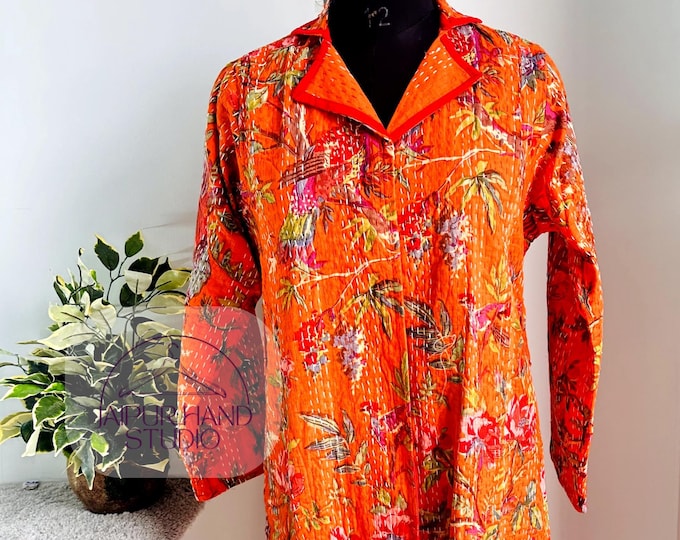 new orange color, Indian hand block print fabric, kantha kimono, vintage kantha coat, outdoor long coat, wear in all season, Gift for her