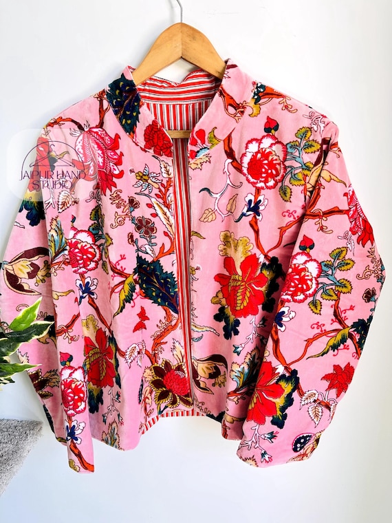 pink color cotton velvet fabric jacket | winter wear coat | luxury coat | printed jackets | Collared neck | wear in All seasons |