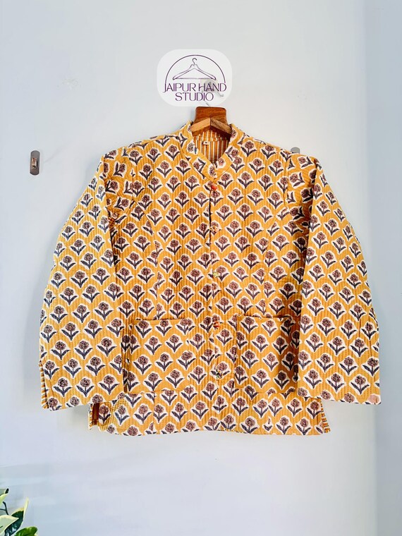 Yellow color full sleeve quilted jacket| Handmade kantha jacket| Round neck jacket| Floral block print | women wi9nter jacket | Gift for her