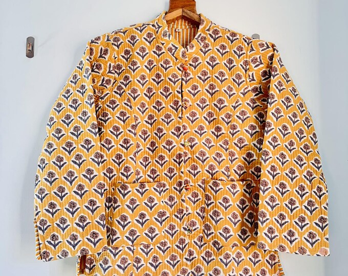 Yellow color full sleeve quilted jacket| Handmade kantha jacket| Round neck jacket| Floral block print | women wi9nter jacket | Gift for her