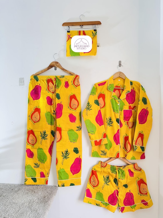 Yellow color fruits print summer wear shorts and pajamas | women cotton sleepwear | Home wear pajamas | Bridesmaid pajamas | Gift for her.