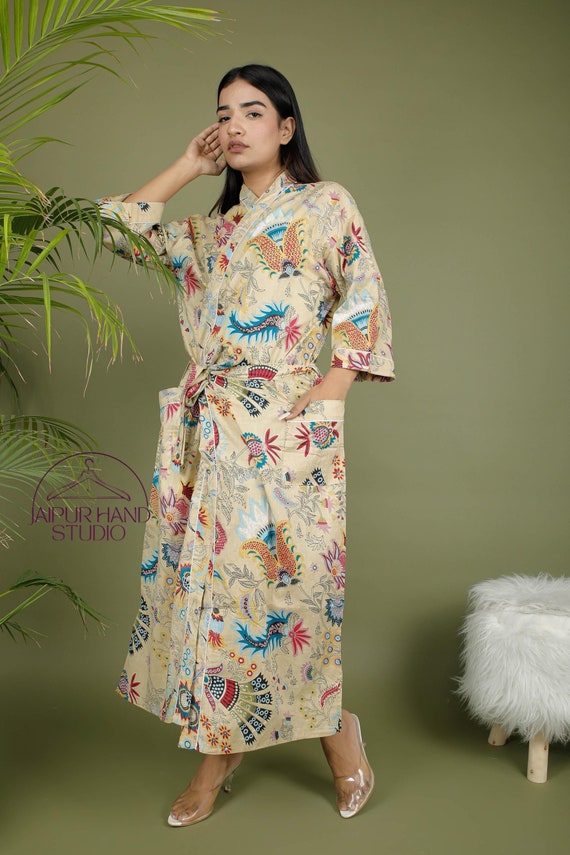 Beige color cotton robes | Block print night gown | women wedding wear robes | summer wear kimonos | Bridesmaid robes | Gift for Christmas.