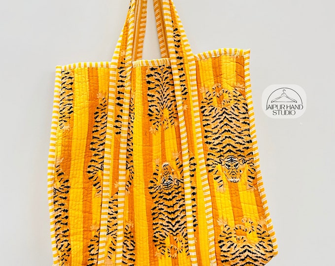 Jaipuri Tiger block Print Tote Bag Indian Handmade Cotton Shopping Tote bag Unisex Tote Bag Handmade Block Printed Quilted Shoulder Tote Bag