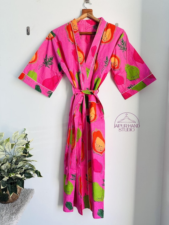 Fruits block print cotton robe | women party and wedding wear robes | Handmade kimono robe | Bridesmaid robes | Gift for Christmas.