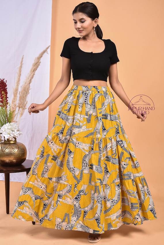 Yellow color cotton skirt | Hand block print cotton skirt | women night maxi wear skirts | Women sari wrap skirt | Bridesmaid skirt.