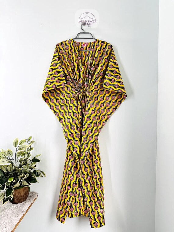 Floral Cotton Caftan, Dress Beach Cover up, Flower Kaftan Women Dress Long Hand Block Print Sleepwear Maxi Dress Kimono Rabe Long And Short