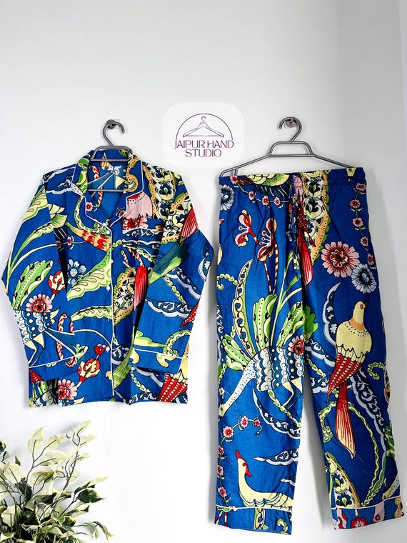 Indian Handmade 100%Cotton Beige Bird Print PJ Sets Women's Sleepwear Night Suit, Sleepwear Comforter Dress, Bridesmaid Long Pajamas Shirt