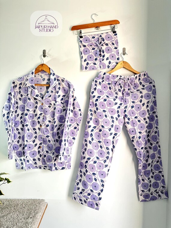 purple Floral Print Night Pj set | Wear Adults Comfy Pajama Set | Long Pajamas Set | Bridesmaid Pajamas suit | Sleepwear soft cotton suit |