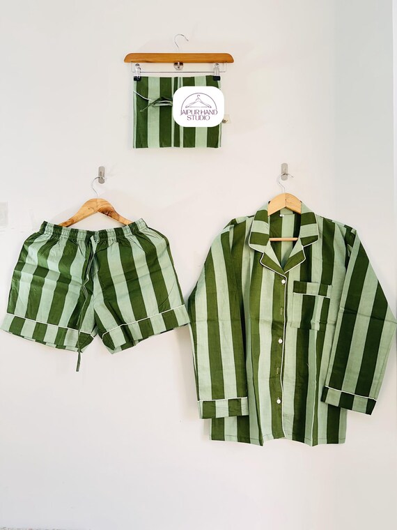 Green stripes print cotton night suits | Handmade summer wear PJ set | Block print Pajamas | Bridesmaid pajamas | Gift for Christmas.