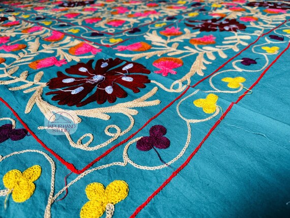 Indian Handmade Cotton Queen Size Suzani Bed Sheet | Suzani Bedspread | Wall hanging Throw | wollen Embroidery made Tapestry | Gift for her.