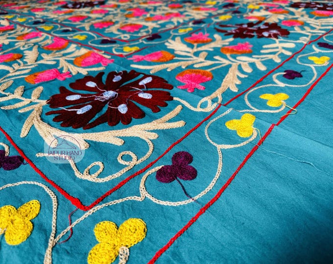 Indian Handmade Cotton Queen Size Suzani Bed Sheet | Suzani Bedspread | Wall hanging Throw | wollen Embroidery made Tapestry | Gift for her.
