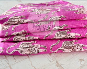 Pink Tiger Printed Soft Cotton Fabric, Summer Ultra Light Weight, Indian Handmade Fabric By The Yard, Quilting Fabric