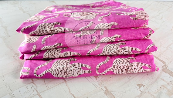 Pink Tiger Printed Soft Cotton Fabric, Summer Ultra Light Weight, Indian Handmade Fabric By The Yard, Quilting Fabric