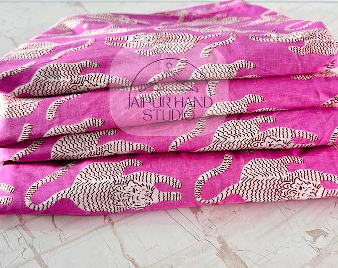 Pink Tiger Printed Soft Cotton Fabric, Summer Ultra Light Weight, Indian Handmade Fabric By The Yard, Quilting Fabric
