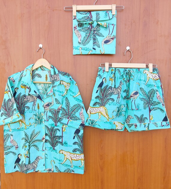 Animal Print Cotton Pajama Set Jungle Print Women Night Dress Turquoise Color Light UltraSoft Night Dress Women Cotton Shirt With Shorts Bag