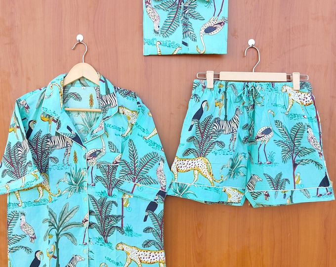 Animal Print Cotton Pajama Set Jungle Print Women Night Dress Turquoise Color Light UltraSoft Night Dress Women Cotton Shirt With Shorts Bag
