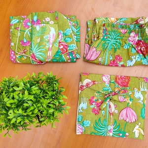 Animal Print Cotton Pajama Set Women Night Dress Green Color Light Ultra-Soft Night Dress Women Cotton Shirt With Shorts Bag Set