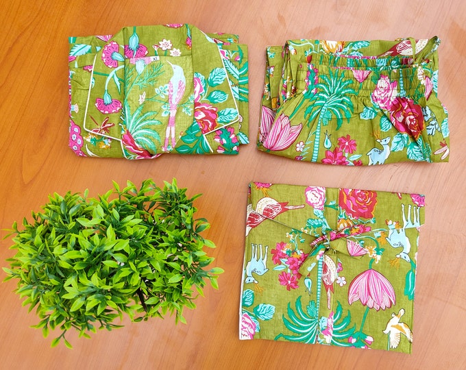 Animal Print Cotton Pajama Set Women Night Dress Green Color Light Ultra-Soft Night Dress Women Cotton Shirt With Shorts Bag Set