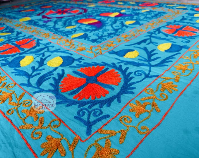 Rama green color handmade cotton suzani blankets | Suzani bedspread | Suzani bedsheet | Suzani tapestry | Bridesmaid suzani | Gift for her.