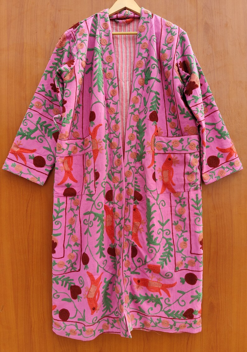 Suzani Work Kimono, Hand Embroidered Suzani Work Kimono, Hand Embroidered Robe, Cotton Kimono Jacket, Tie Belt Coat, Bath Robe Dressing Gown image 3