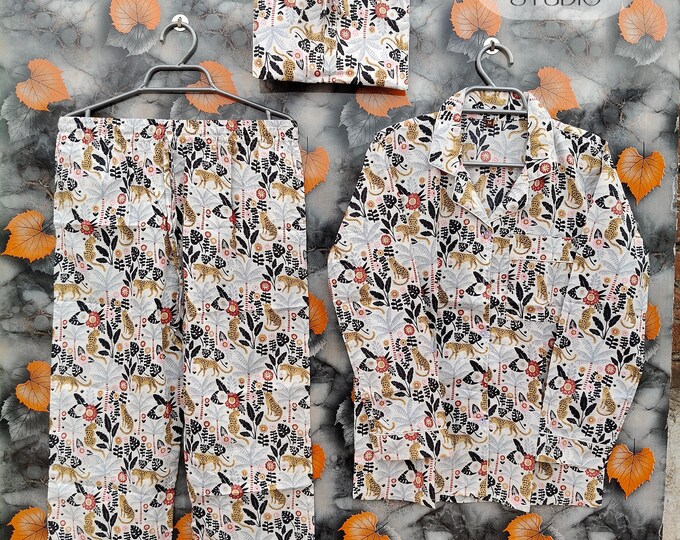 New Tiger Print Pajama Set Indian 100% pure cotton pyjamas,  pj's, soft cotton pyjama Set trousers shirts, Jungel printed cotton pyjama set