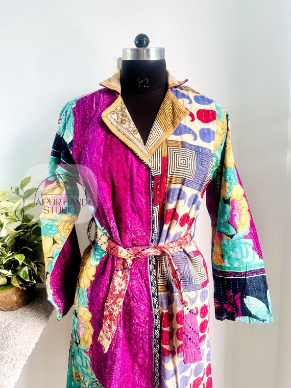 Multi color, assorted pattern long coat and jacket, long sleeve jacket, kantha kimono bath robe to winter wear, handmade patchwork jacket.