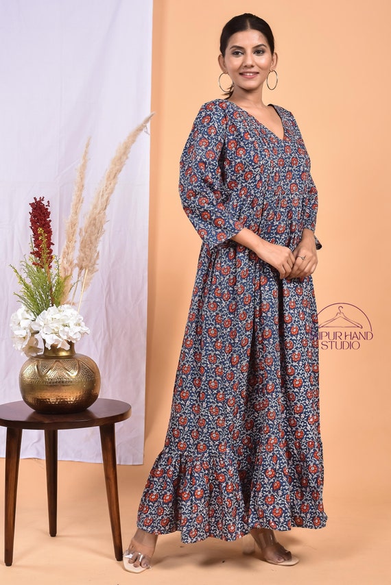 Indian made cotton long gown | women outdoor wear long midi dress | Block print party wear dress | Bridesmaid dress | Gift for Christmas.