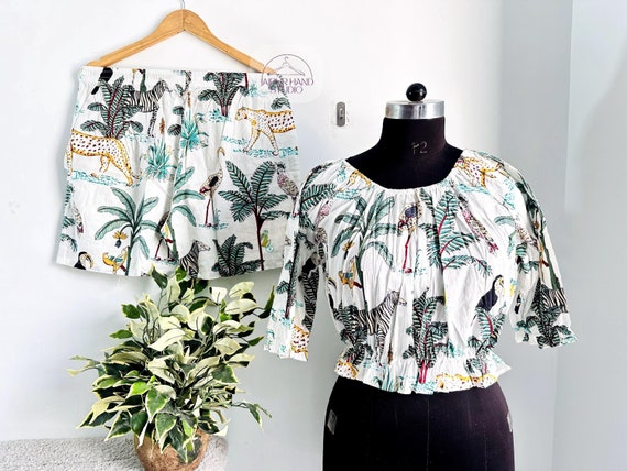 jungle hand block print, white color dress, Lastic top and shorts, half sleeve top, women's wear dress, gift for Christmas, gift for her