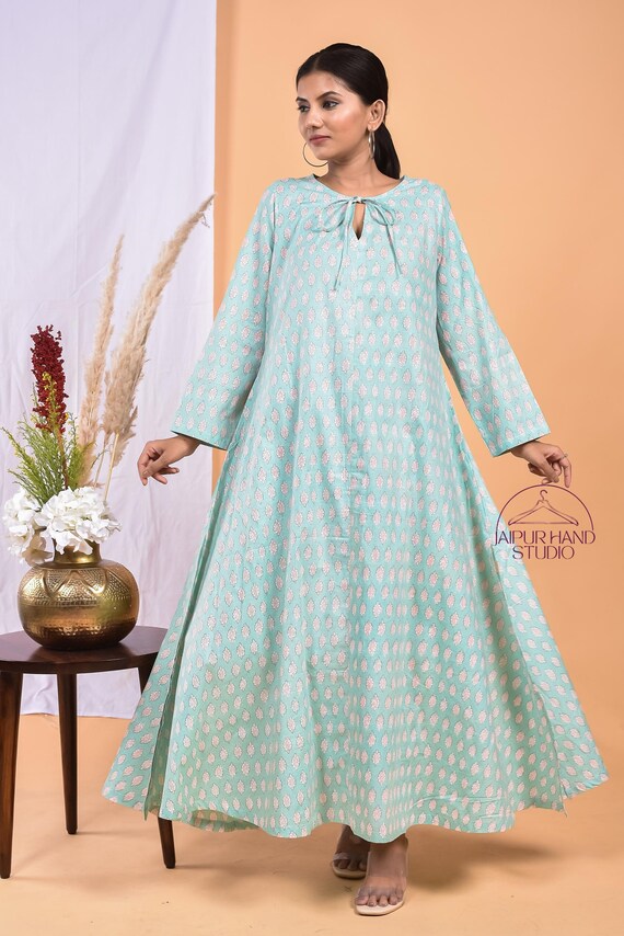 Blue color cotton long midi | Hand block print dress | Long sleeve midi dress | women party wear dress | Bridesmaid dress | Gift for her.
