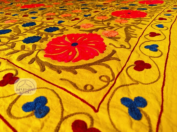 Mustard color cotton suzani bedspread | Handmade Uzbek suzani tapestry | suzani wall hanging throws | Bridesmaid suzani | Gift for her.