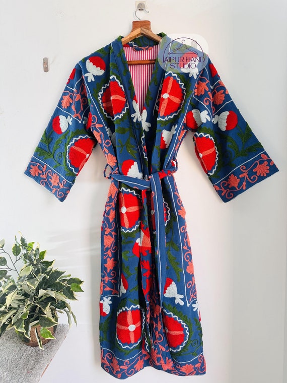 Blue color suzani long coat with belt | Niddle work Embroidery robe | women wear suzani robes | Bridesmaid robes | Gift for Christmas.
