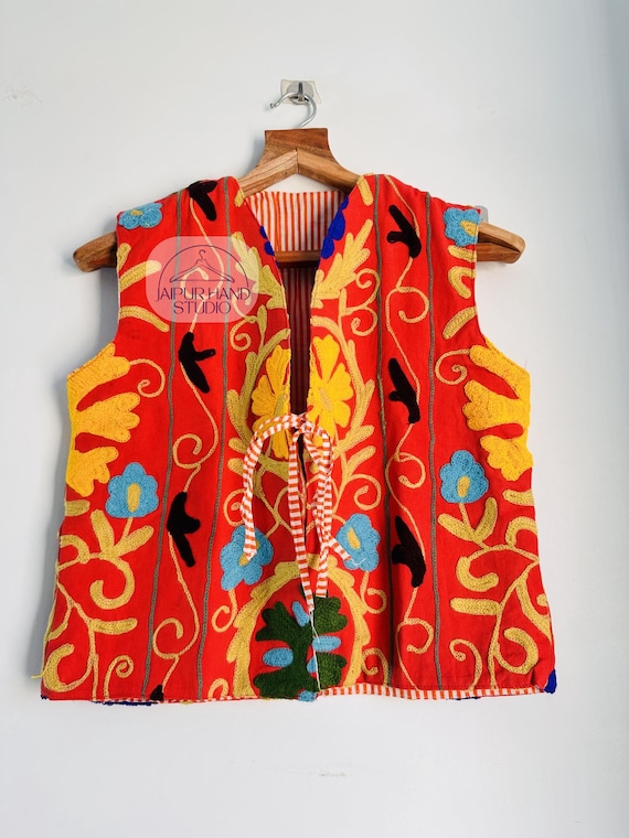Indian handmade suzani Weist | Red and multicolor Weist | Niddle work Embroidery vests | women wear vests | Party wear vests | Gift for her.