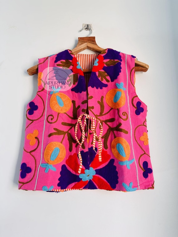 Pink color women wear vests | Handmade Embroidered Suzani sleeve less jacket | Niddle work Floral Embroidery vests | Gift for Christmas.