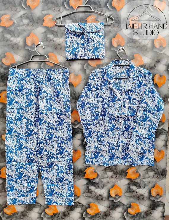 Indian Cotton Pajama Set Handmade Women Night Dress Floral Printed Night Pajama Set Shirt And Bad Cotton Night Dress