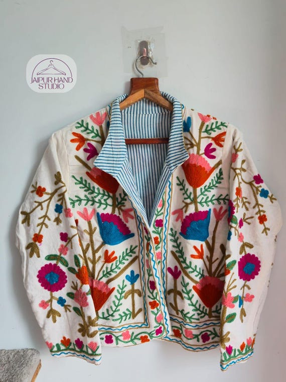 Handmade Velvet Suzani Jacket: Embroidered Open Front Coat