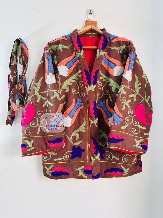 Hand Embroidery short kimono robe |Handmade robe | women wear suzani jacket | Outddor open coat | beautiful suzani jacket | Gift for her.