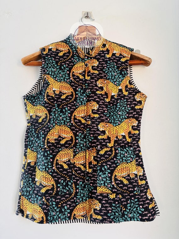 Tiger prints Quilted fabric vest | women wear vest | Handmade stitched vest | sleeve less jacket | wedding wear vest | Gift for Christmas.