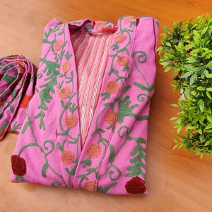 Suzani Work Kimono, Hand Embroidered Suzani Work Kimono, Hand Embroidered Robe, Cotton Kimono Jacket, Tie Belt Coat, Bath Robe Dressing Gown image 4