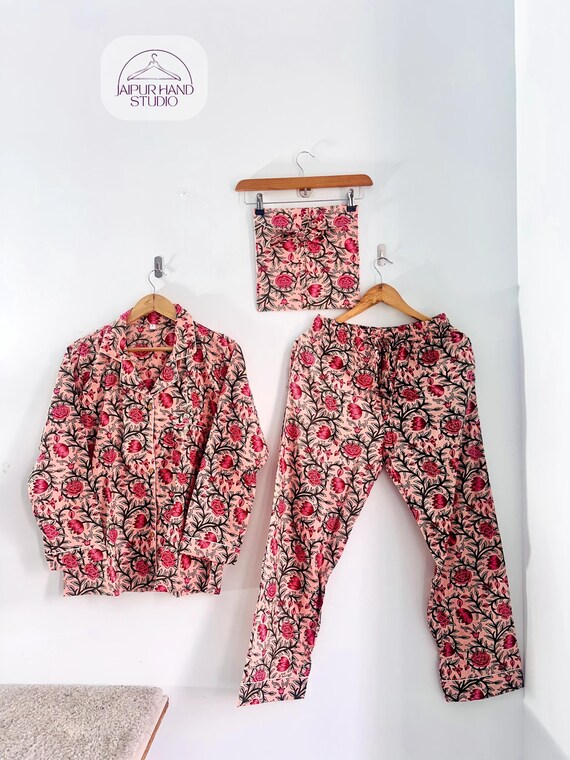 Floral Print Pajamas, Pure Cotton Pj's, Pajamas Set, Indian Cotton, Night Wear, Soft Cotton Night Suit- Gift for her, Bridesmaid Pj sets, Pj