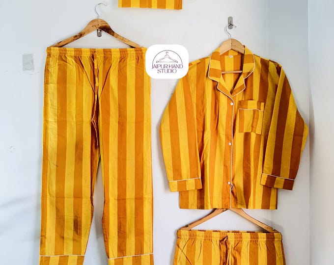 Striped pattern cotton long pajamas | Women wear soft night suit | Handmade summer wear shorts and pajama | Bridesmaid Pj set| Gift for her.