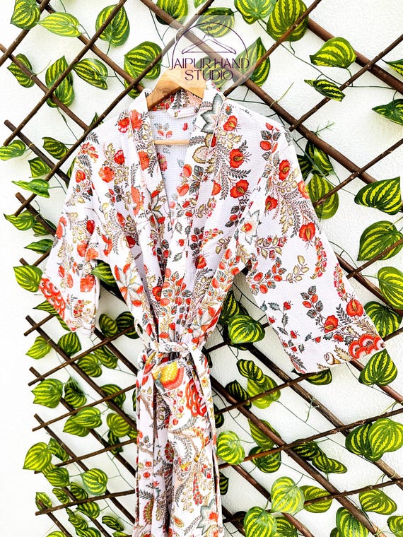 Pure Waffle Cotton Handprinted House Bath Robe Summer Kimono | Floral Spa Beach Coverup | Spring Pastel Aqua Botanical Garden Blossom Gift