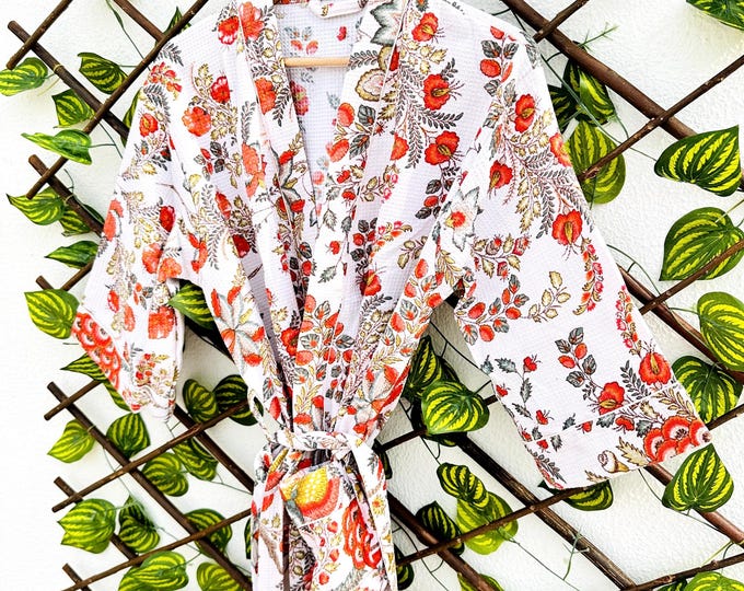 Pure Waffle Cotton Handprinted House Bath Robe Summer Kimono | Floral Spa Beach Coverup | Spring Pastel Aqua Botanical Garden Blossom Gift